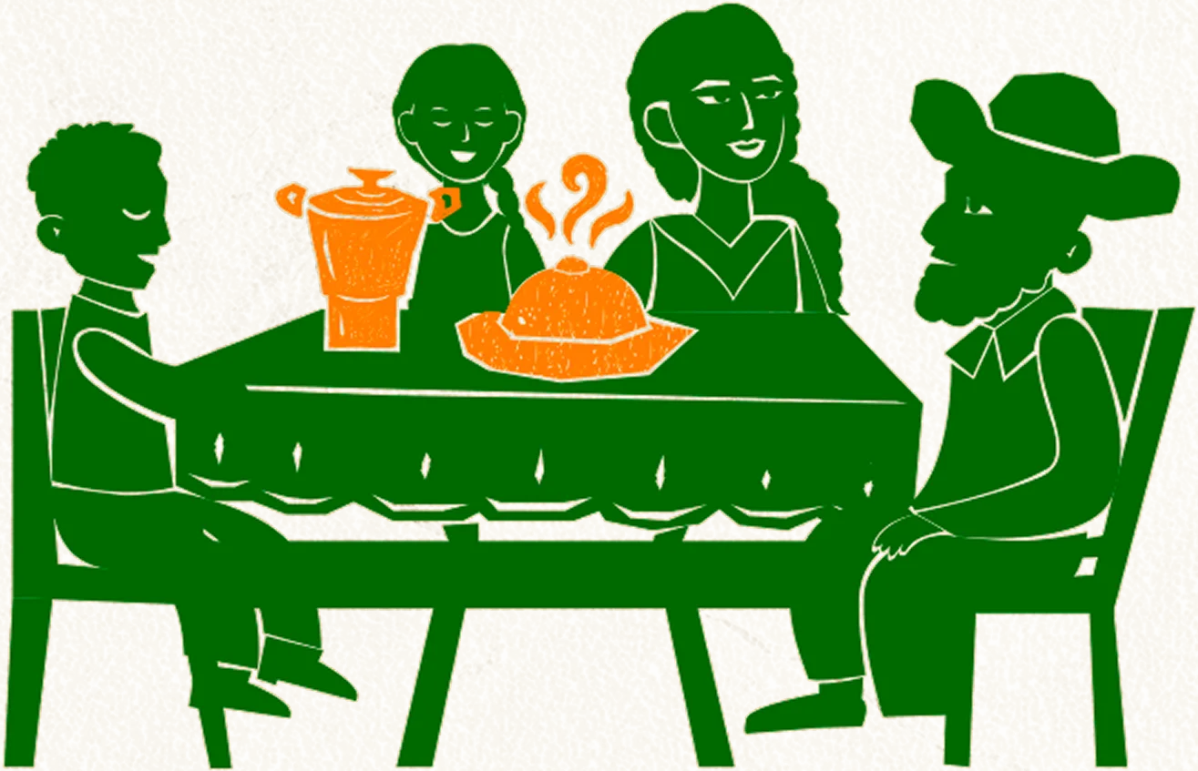 Família na mesa sorrindo, na mesa há uma cuscuzeira e um prato de cuscuz