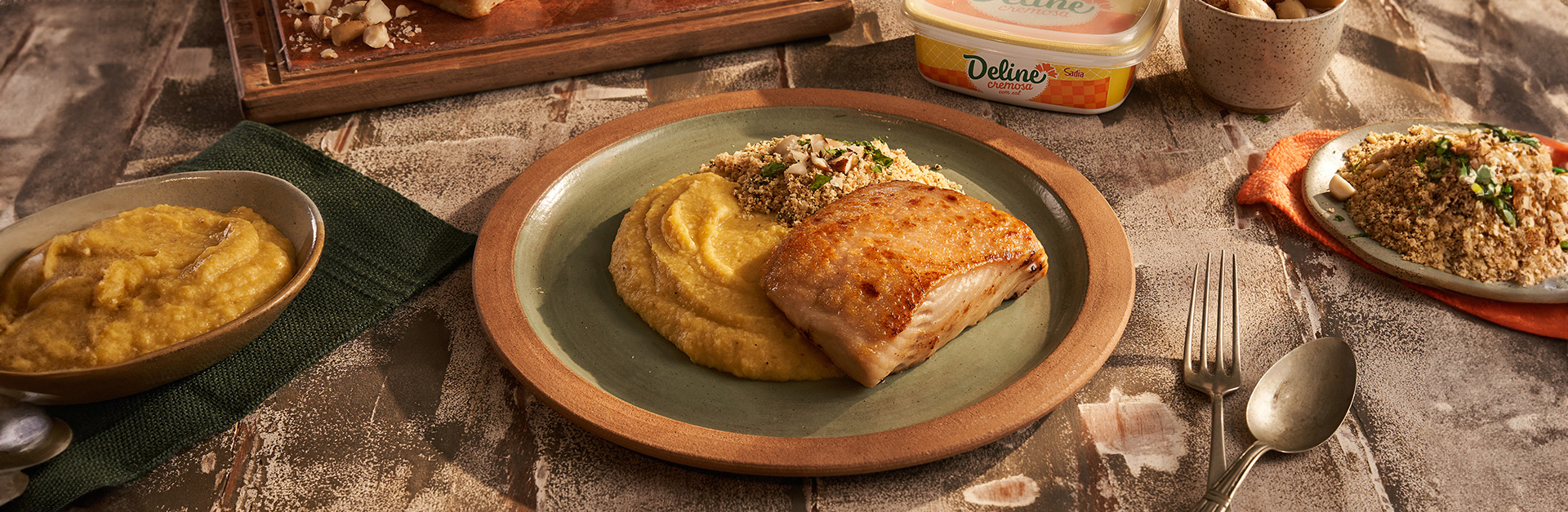 Receita: Pirarucu Grelhado com Purê de Banana-da-terra e Farofa de Castanha-do-pará